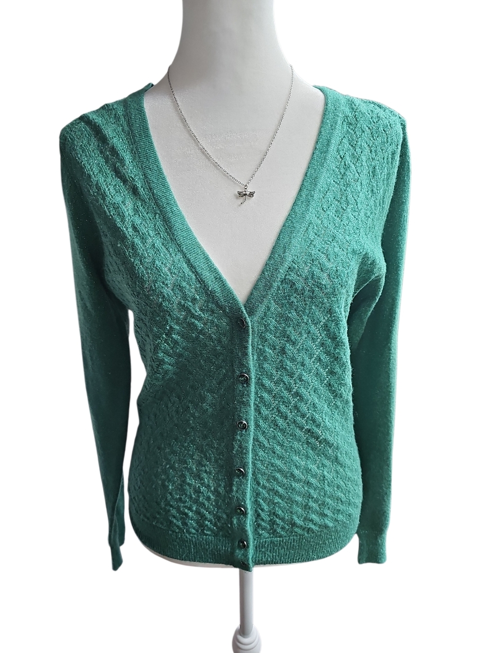 Merona Metallic Green Knit Jewel Tone Button Cardigan Small
